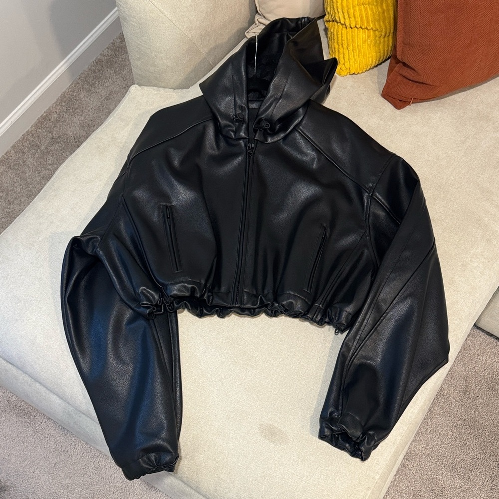 Black Faux Leather Hooded Bomber Jacket - Women - Picture 6 of 6
